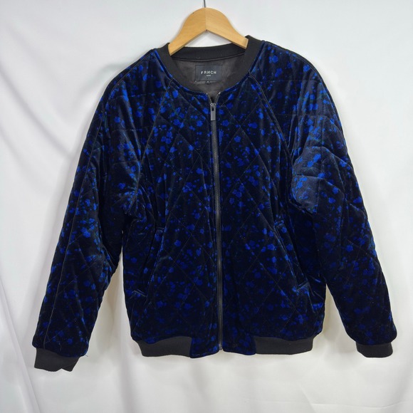 FRNCH Paris Luisa Blue Velvet Quilted Bomber Jacket Size M - Picture 11 of 11